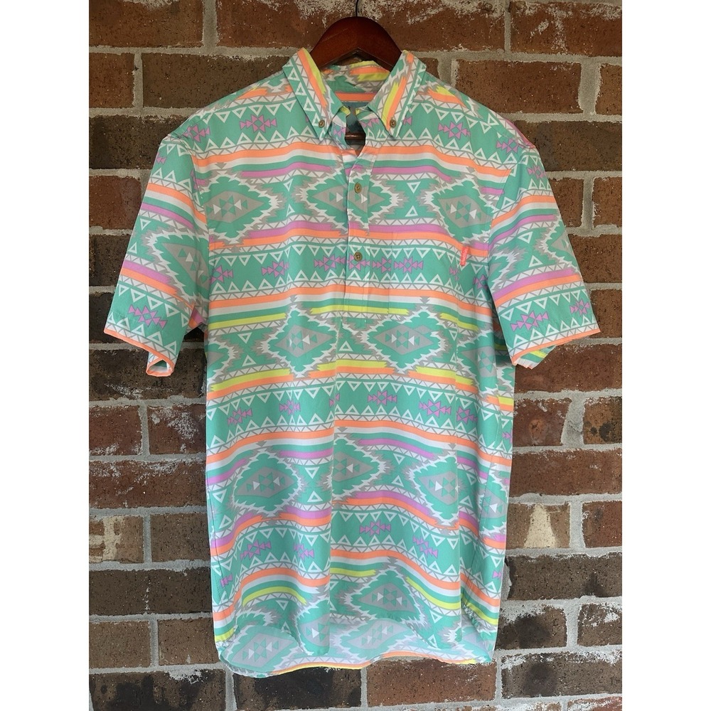 Chubbies Mens Shirt Large Southwestern Aztec 1/4 Button Multicolor Stretch
